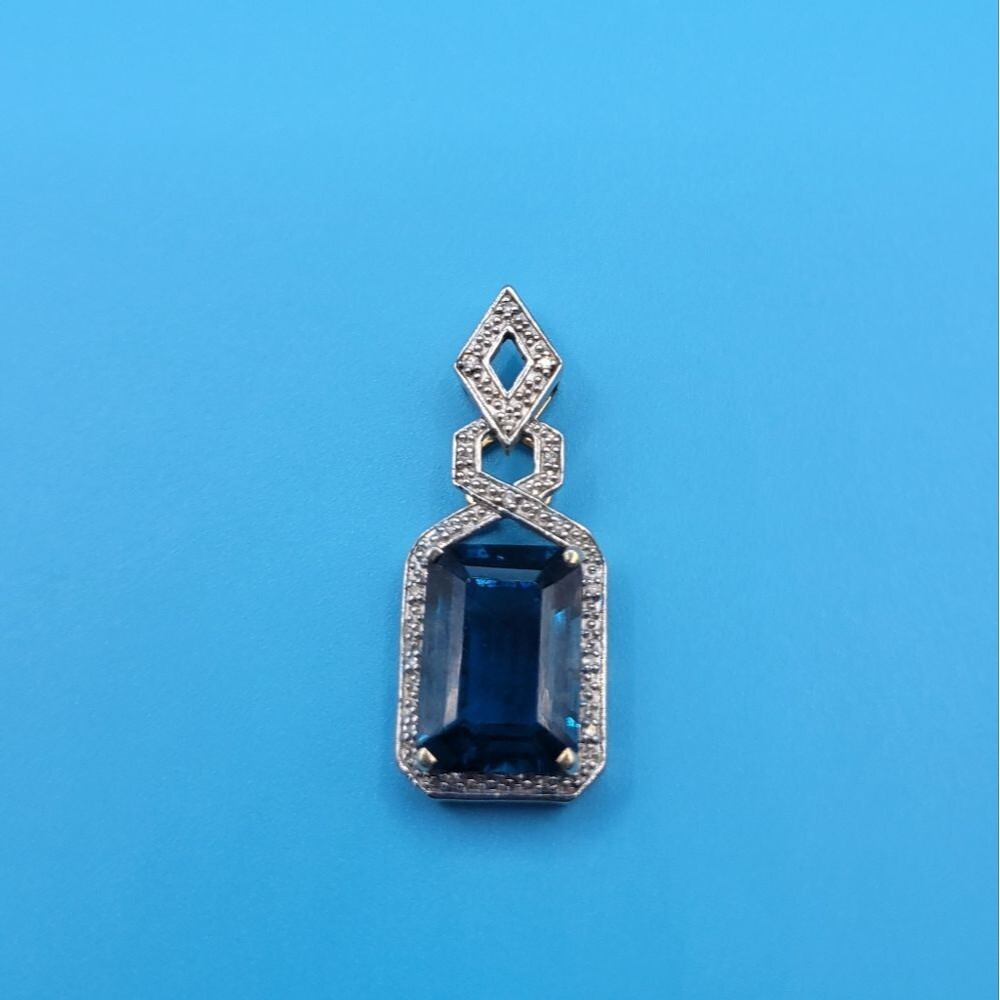 10k Yellow Gold Iolite Large Diamond Art Deco Necklace Pendant